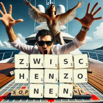 Kreative Illustration für ein Scrabble-Spiel, bei dem das Wort ZWISCHENZONEN mit Steinen auf dem Brett gelegt wurde.