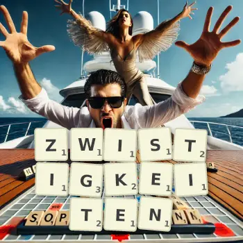 Kreative Illustration für ein Scrabble-Spiel, bei dem das Wort ZWISTIGKEITEN mit Steinen auf dem Brett gelegt wurde.