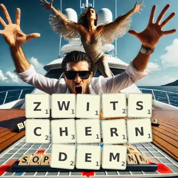 Kreative Illustration für ein Scrabble-Spiel, bei dem das Wort ZWITSCHERNDEM mit Steinen auf dem Brett gelegt wurde.