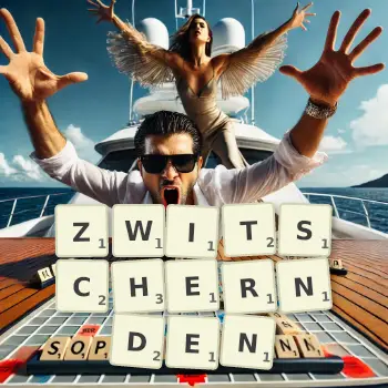 Kreative Illustration für ein Scrabble-Spiel, bei dem das Wort ZWITSCHERNDEN mit Steinen auf dem Brett gelegt wurde.