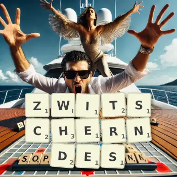 Kreative Illustration für ein Scrabble-Spiel, bei dem das Wort ZWITSCHERNDES mit Steinen auf dem Brett gelegt wurde.