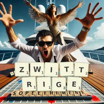 Kreative Illustration für ein Scrabble-Spiel, bei dem das Wort ZWITTRIGE mit Steinen auf dem Brett gelegt wurde.