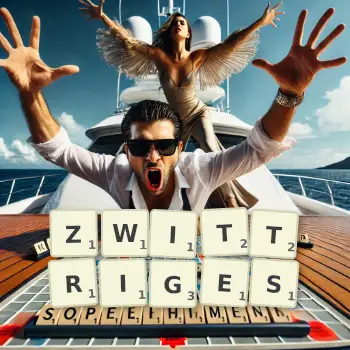 Kreative Illustration für ein Scrabble-Spiel, bei dem das Wort ZWITTRIGES mit Steinen auf dem Brett gelegt wurde.