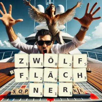 Kreative Illustration für ein Scrabble-Spiel, bei dem das Wort ZWÖLFFLÄCHNER mit Steinen auf dem Brett gelegt wurde.