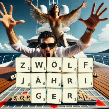 Kreative Illustration für ein Scrabble-Spiel, bei dem das Wort ZWÖLFJÄHRIGER mit Steinen auf dem Brett gelegt wurde.