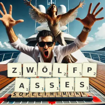 Kreative Illustration für ein Scrabble-Spiel, bei dem das Wort ZWÖLFPASSES mit Steinen auf dem Brett gelegt wurde.