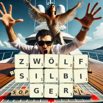 Kreative Illustration für ein Scrabble-Spiel, bei dem das Wort ZWÖLFSILBIGER mit Steinen auf dem Brett gelegt wurde.