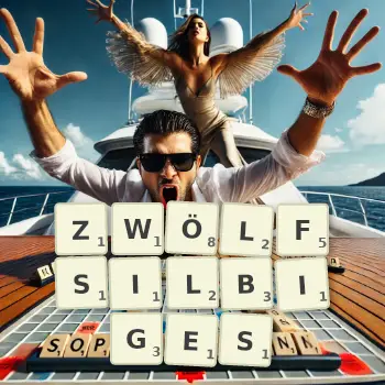 Kreative Illustration für ein Scrabble-Spiel, bei dem das Wort ZWÖLFSILBIGES mit Steinen auf dem Brett gelegt wurde.