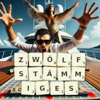 Kreative Illustration für ein Scrabble-Spiel, bei dem das Wort ZWÖLFSTÄMMIGES mit Steinen auf dem Brett gelegt wurde.