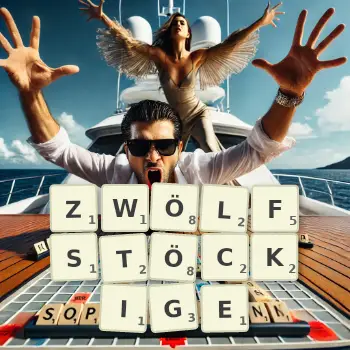 Kreative Illustration für ein Scrabble-Spiel, bei dem das Wort ZWÖLFSTÖCKIGE mit Steinen auf dem Brett gelegt wurde.