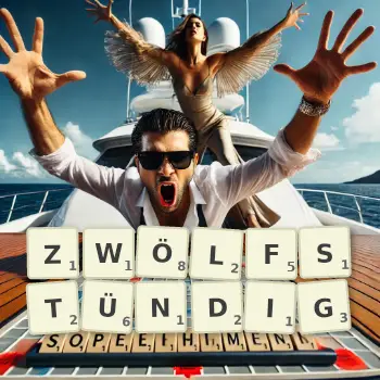 Kreative Illustration für ein Scrabble-Spiel, bei dem das Wort ZWÖLFSTÜNDIG mit Steinen auf dem Brett gelegt wurde.