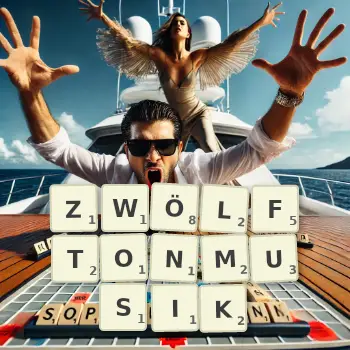 Kreative Illustration für ein Scrabble-Spiel, bei dem das Wort ZWÖLFTONMUSIK mit Steinen auf dem Brett gelegt wurde.