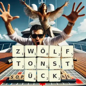 Kreative Illustration für ein Scrabble-Spiel, bei dem das Wort ZWÖLFTONSTÜCK mit Steinen auf dem Brett gelegt wurde.