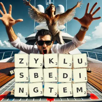 Kreative Illustration für ein Scrabble-Spiel, bei dem das Wort ZYKLUSBEDINGTEM mit Steinen auf dem Brett gelegt wurde.