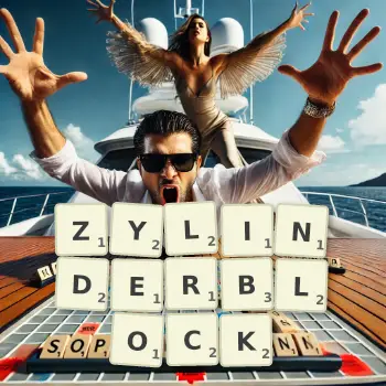 Kreative Illustration für ein Scrabble-Spiel, bei dem das Wort ZYLINDERBLOCK mit Steinen auf dem Brett gelegt wurde.