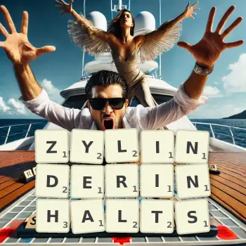 Kreative Illustration für ein Scrabble-Spiel, bei dem das Wort ZYLINDERINHALTS mit Steinen auf dem Brett gelegt wurde.