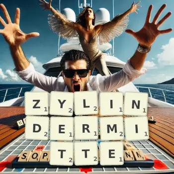 Kreative Illustration für ein Scrabble-Spiel, bei dem das Wort ZYLINDERMITTE mit Steinen auf dem Brett gelegt wurde.