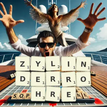 Kreative Illustration für ein Scrabble-Spiel, bei dem das Wort ZYLINDERROHRE mit Steinen auf dem Brett gelegt wurde.