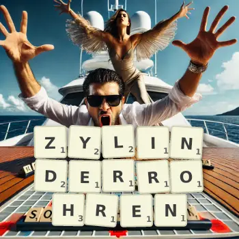 Kreative Illustration für ein Scrabble-Spiel, bei dem das Wort ZYLINDERROHREN mit Steinen auf dem Brett gelegt wurde.