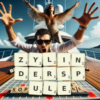 Kreative Illustration für ein Scrabble-Spiel, bei dem das Wort ZYLINDERSPULE mit Steinen auf dem Brett gelegt wurde.