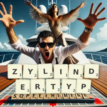 Kreative Illustration für ein Scrabble-Spiel, bei dem das Wort ZYLINDERTYP mit Steinen auf dem Brett gelegt wurde.