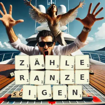 Kreative Illustration für ein Scrabble-Spiel, bei dem das Wort ZÄHLERANZEIGEN mit Steinen auf dem Brett gelegt wurde.