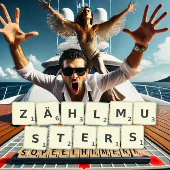 Kreative Illustration für ein Scrabble-Spiel, bei dem das Wort ZÄHLMUSTERS mit Steinen auf dem Brett gelegt wurde.