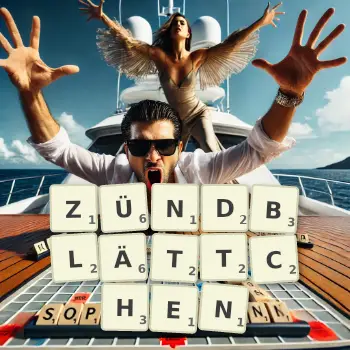 Kreative Illustration für ein Scrabble-Spiel, bei dem das Wort ZÜNDBLÄTTCHEN mit Steinen auf dem Brett gelegt wurde.