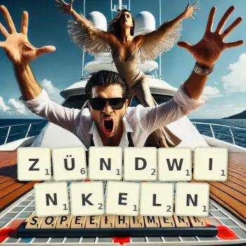 Kreative Illustration für ein Scrabble-Spiel, bei dem das Wort ZÜNDWINKELN mit Steinen auf dem Brett gelegt wurde.