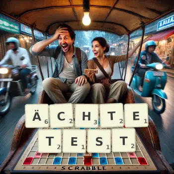 Kreative Illustration für ein Scrabble-Spiel, bei dem das Wort ÄCHTETEST mit Steinen auf dem Brett gelegt wurde.