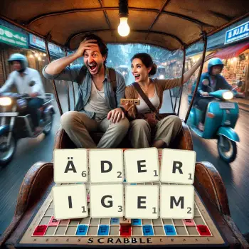 Kreative Illustration für ein Scrabble-Spiel, bei dem das Wort ÄDERIGEM mit Steinen auf dem Brett gelegt wurde.