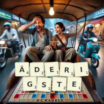 Kreative Illustration für ein Scrabble-Spiel, bei dem das Wort ÄDERIGSTE mit Steinen auf dem Brett gelegt wurde.