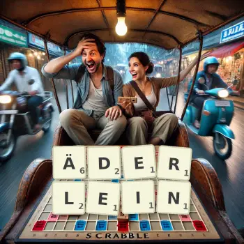 Kreative Illustration für ein Scrabble-Spiel, bei dem das Wort ÄDERLEIN mit Steinen auf dem Brett gelegt wurde.