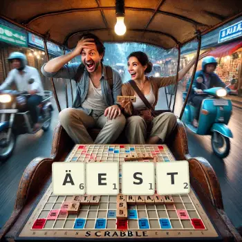 Kreative Illustration für ein Scrabble-Spiel, bei dem das Wort ÄEST mit Steinen auf dem Brett gelegt wurde.