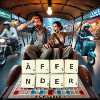 Kreative Illustration für ein Scrabble-Spiel, bei dem das Wort ÄFFENDER mit Steinen auf dem Brett gelegt wurde.