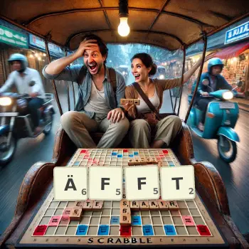 Kreative Illustration für ein Scrabble-Spiel, bei dem das Wort ÄFFT mit Steinen auf dem Brett gelegt wurde.