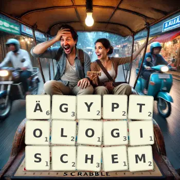 Kreative Illustration für ein Scrabble-Spiel, bei dem das Wort ÄGYPTOLOGISCHEM mit Steinen auf dem Brett gelegt wurde.