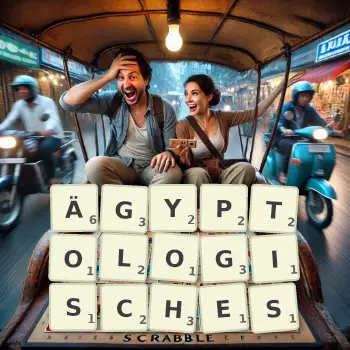 Kreative Illustration für ein Scrabble-Spiel, bei dem das Wort ÄGYPTOLOGISCHES mit Steinen auf dem Brett gelegt wurde.