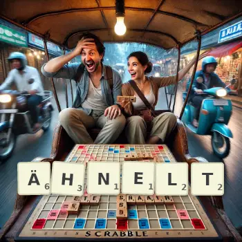 Kreative Illustration für ein Scrabble-Spiel, bei dem das Wort ÄHNELT mit Steinen auf dem Brett gelegt wurde.