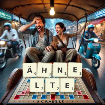 Kreative Illustration für ein Scrabble-Spiel, bei dem das Wort ÄHNELTE mit Steinen auf dem Brett gelegt wurde.