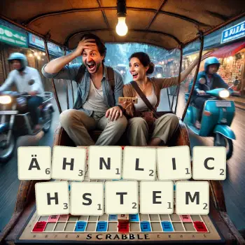 Kreative Illustration für ein Scrabble-Spiel, bei dem das Wort ÄHNLICHSTEM mit Steinen auf dem Brett gelegt wurde.