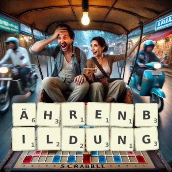 Kreative Illustration für ein Scrabble-Spiel, bei dem das Wort ÄHRENBILDUNG mit Steinen auf dem Brett gelegt wurde.