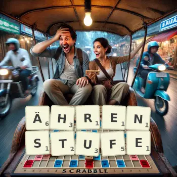 Kreative Illustration für ein Scrabble-Spiel, bei dem das Wort ÄHRENSTUFE mit Steinen auf dem Brett gelegt wurde.