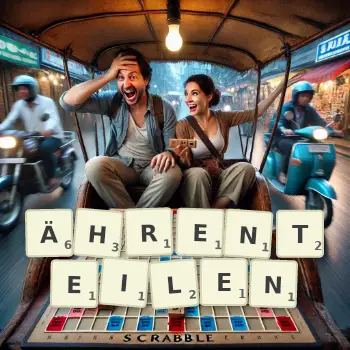 Kreative Illustration für ein Scrabble-Spiel, bei dem das Wort ÄHRENTEILEN mit Steinen auf dem Brett gelegt wurde.