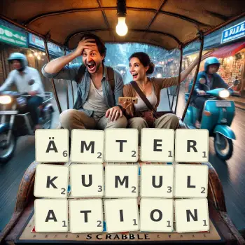 Kreative Illustration für ein Scrabble-Spiel, bei dem das Wort ÄMTERKUMULATION mit Steinen auf dem Brett gelegt wurde.