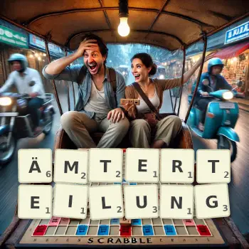 Kreative Illustration für ein Scrabble-Spiel, bei dem das Wort ÄMTERTEILUNG mit Steinen auf dem Brett gelegt wurde.