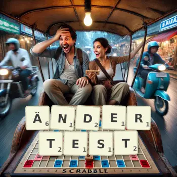 Kreative Illustration für ein Scrabble-Spiel, bei dem das Wort ÄNDERTEST mit Steinen auf dem Brett gelegt wurde.