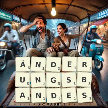 Kreative Illustration für ein Scrabble-Spiel, bei dem das Wort ÄNDERUNGSBANDES mit Steinen auf dem Brett gelegt wurde.