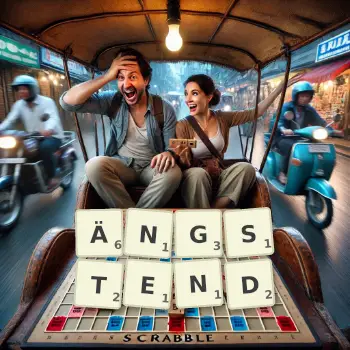 Kreative Illustration für ein Scrabble-Spiel, bei dem das Wort ÄNGSTEND mit Steinen auf dem Brett gelegt wurde.