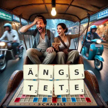 Kreative Illustration für ein Scrabble-Spiel, bei dem das Wort ÄNGSTETE mit Steinen auf dem Brett gelegt wurde.